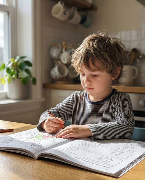 Child calmly doing Brainy Burrow printable activities at the kitchen table