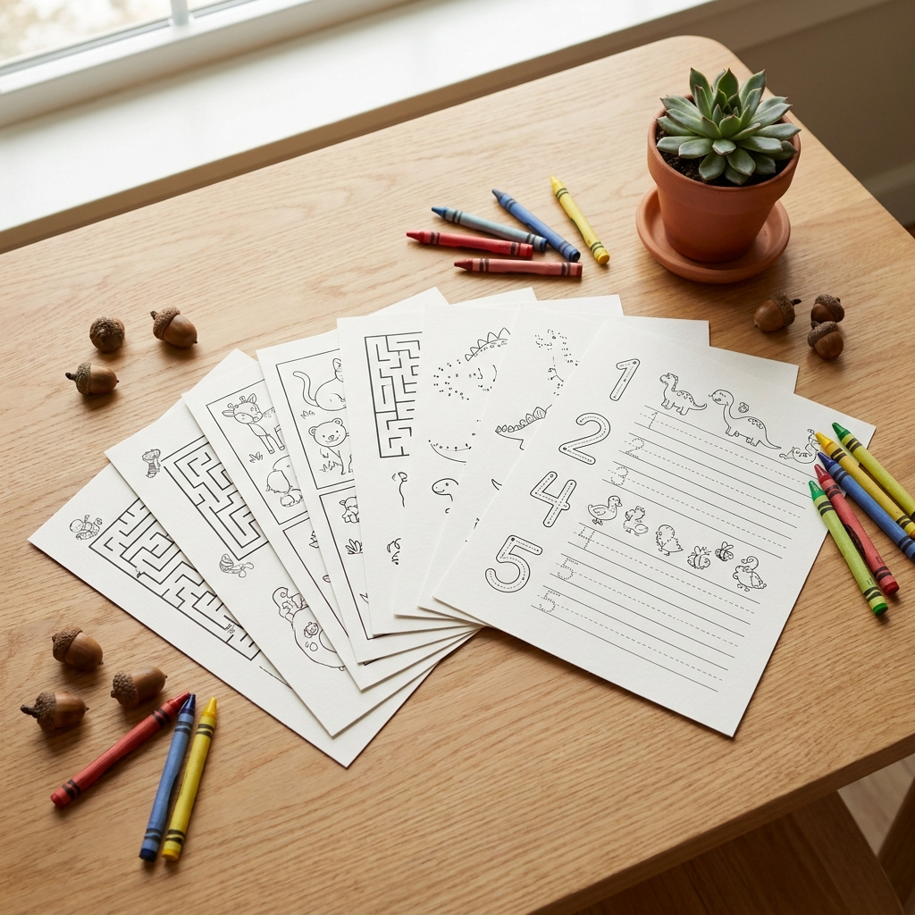 Printable activity worksheets fanned out with crayons - mazes, tracing, coloring